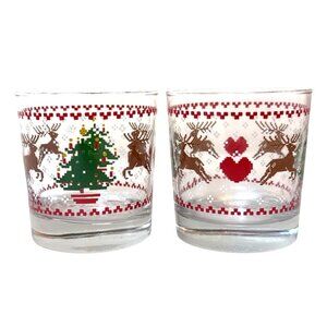 Vintage 80's Christmas Retro Glass Tumblers Set of 2 Cross Stich Reindeer Tree